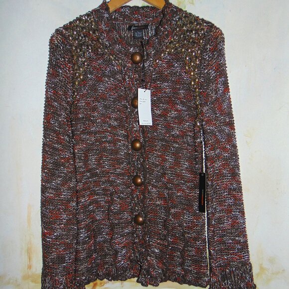 BCBG MaxAzria Cardigan Sweater Brown L Beaded Brass Button Chunky Knit Crochet - Picture 2 of 9